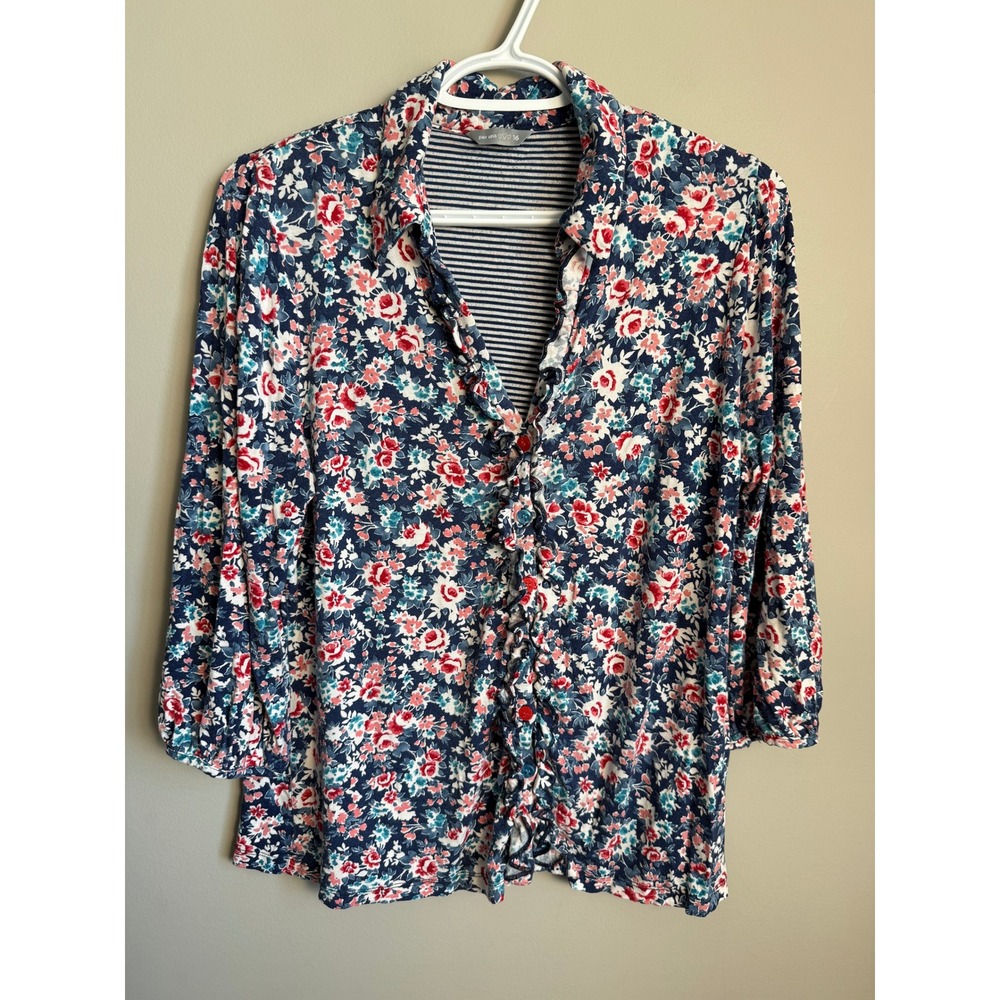 Per Una Floral Ruffle Front 3/4 Sleeve Knit Top 16 Cottagecore Boho Navy Blue